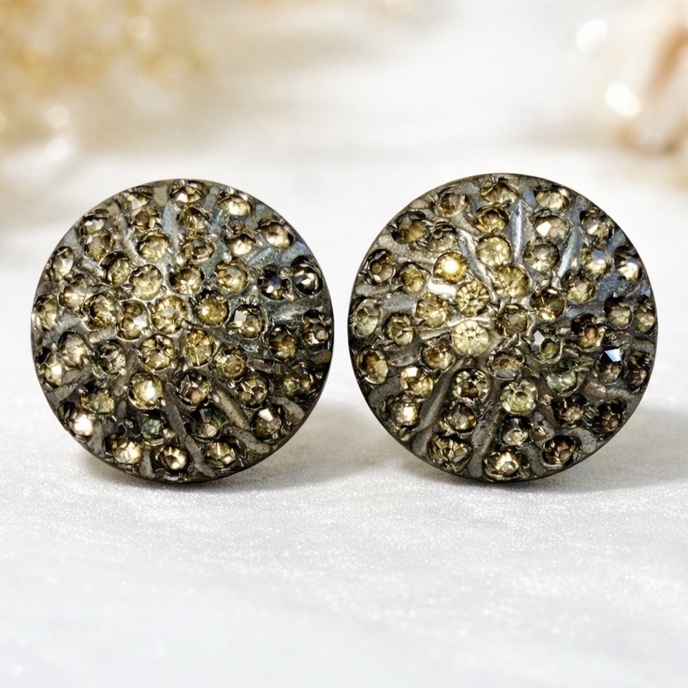 VTG Dome Cluster Earrings Champagne Rhinestone Pave Screwback Statement MCM Glam
